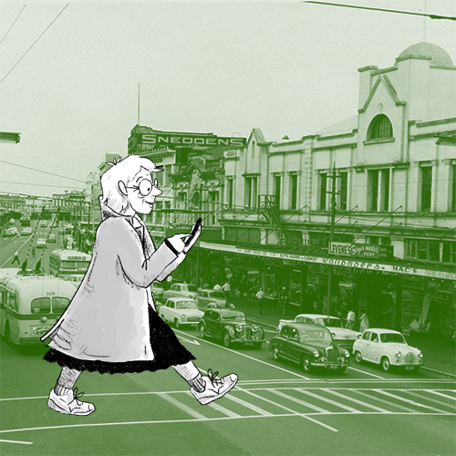 hand drawn lady in coat looking at phone while crossing road over a 1960s photo of Karangahape Road