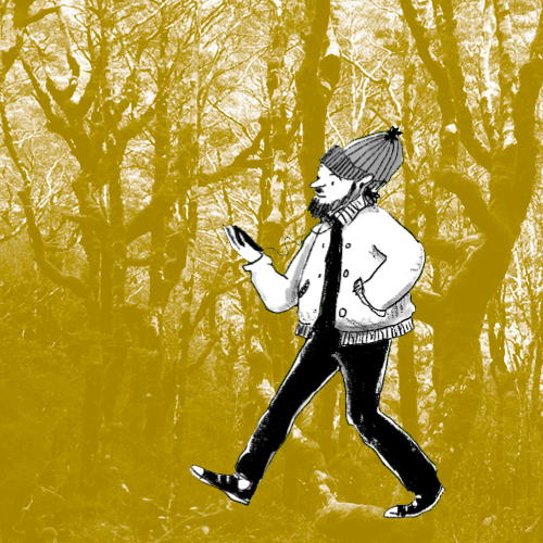 hand drawn man walking with phone and earbuds overtop photo of forest