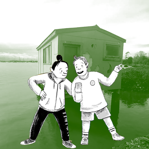 Hand drawn picture of two friends looking at a phone screen and pointing on top of a photo of a boat shed on water